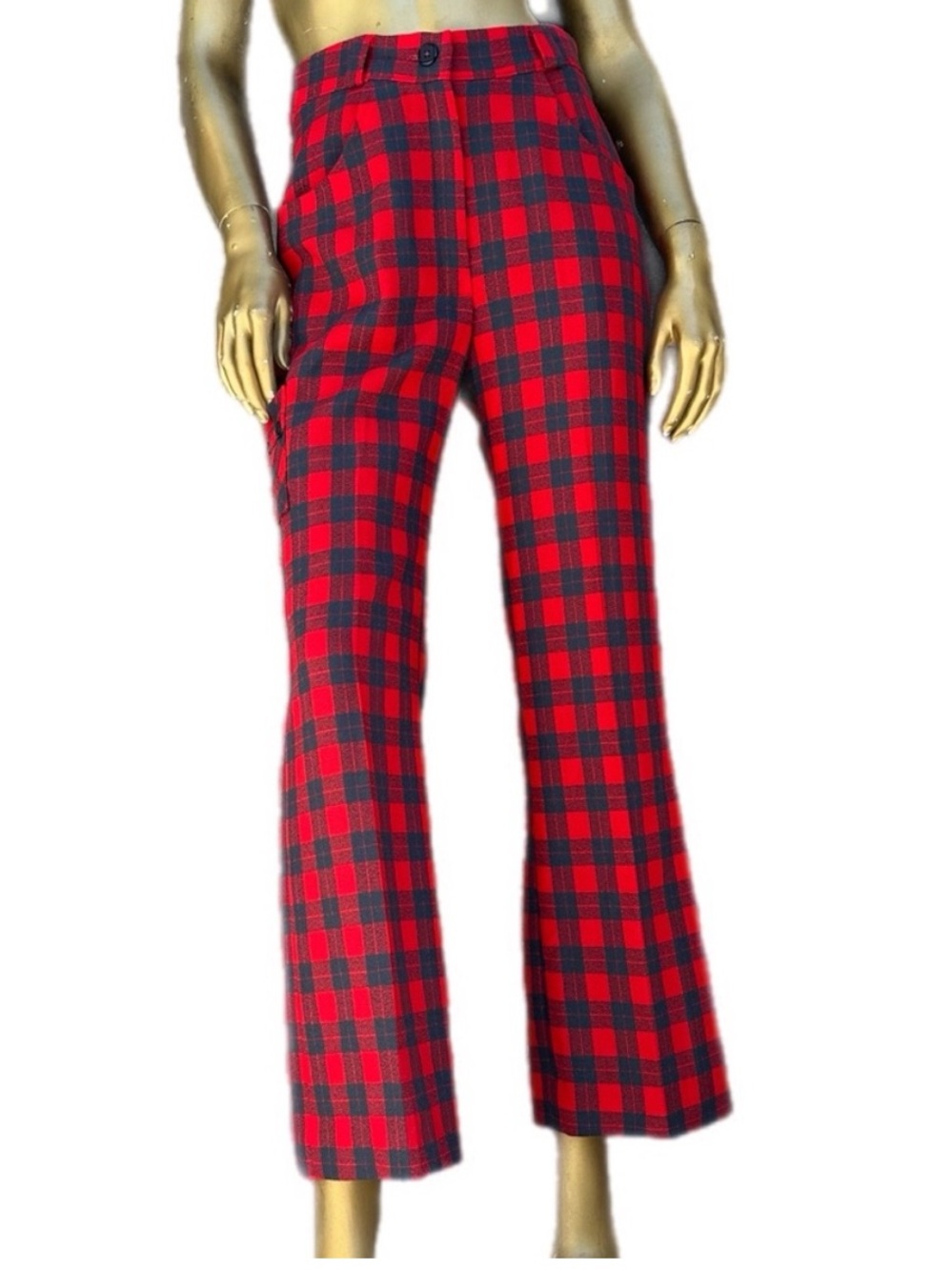 Custom Vintage High-waisted straight wide leg Red and Blue Plaid Women's Pants